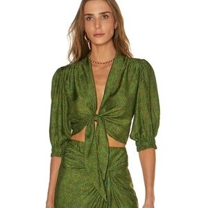NWT ViX By Paula Hermany Namaste Mel Tie Crop Blouse in Green Multi, Size Large